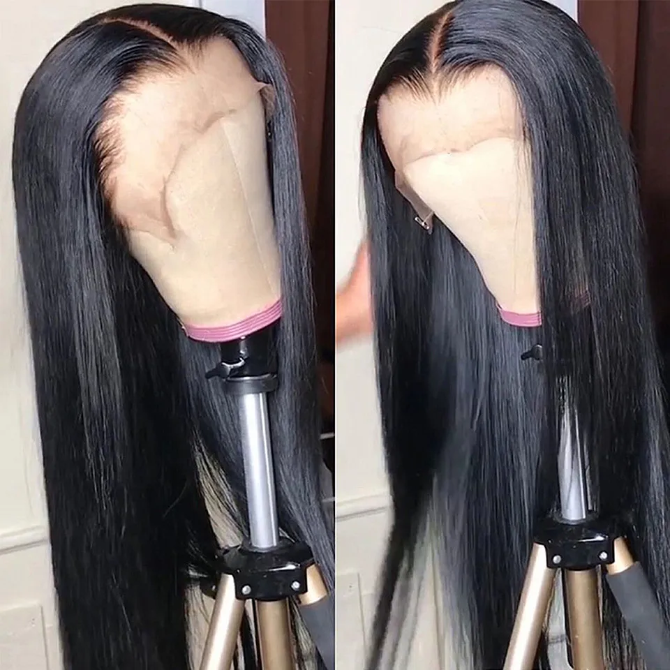 Дешевые человеческие волосы парик фронта шнурка прямые перуанские Remy Humain полный парик шнурка для черных женщин длинная длина от 8 до 26 дюймов