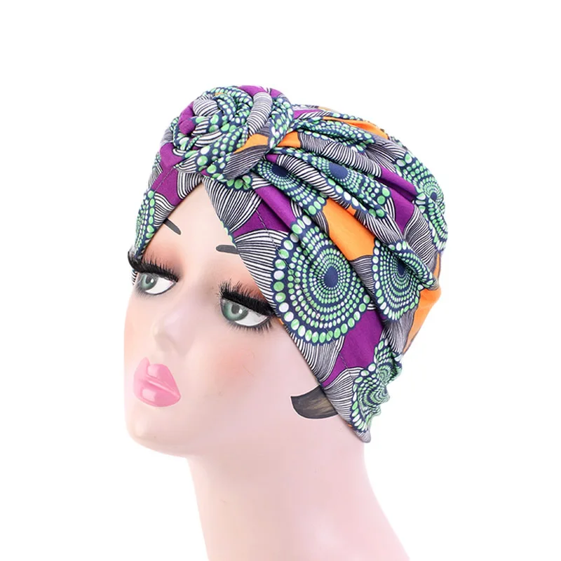 Женский Африканский узор завязанный тюрбан с цветком мусульманский Тюрбан Твист узел индийская шляпа женская кепка chemo банданы аксессуары для волос - Цвет: Зеленый