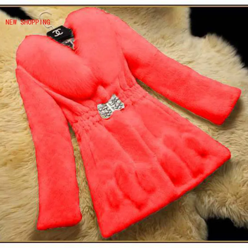 Soft Faux Fur Coat Women Slim Waist Diamond Button Plus Size Long Sleeve Turn-down Collar Winter Womens Rabbit Fur Jacket Warm