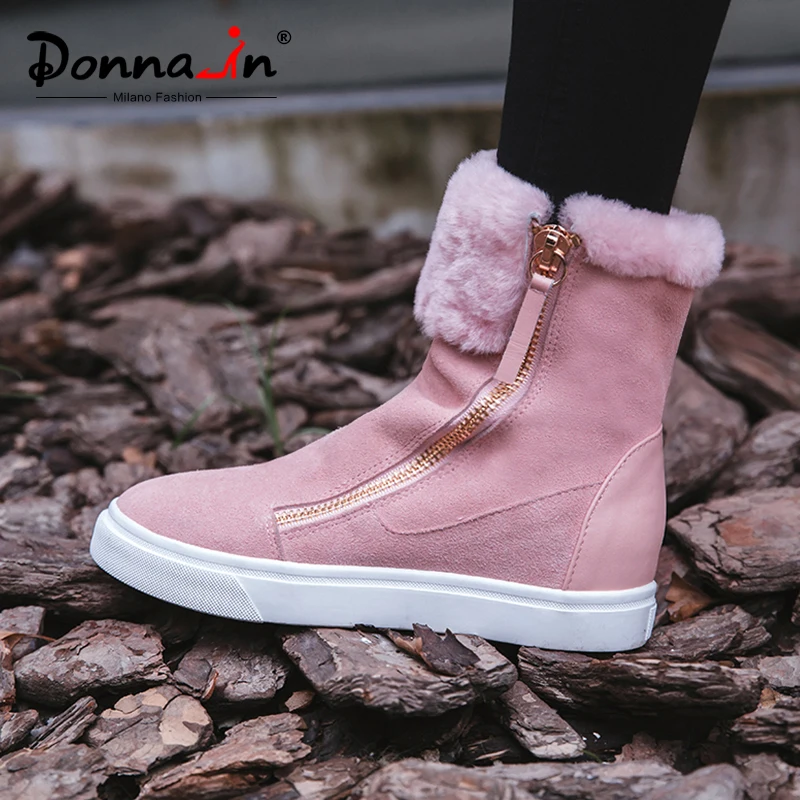Donna-in/зимние ботинки на меху из натуральной шерсти женские замшевые ботильоны на низком каблуке на молнии больших размеров женская зимняя обувь с круглым носком