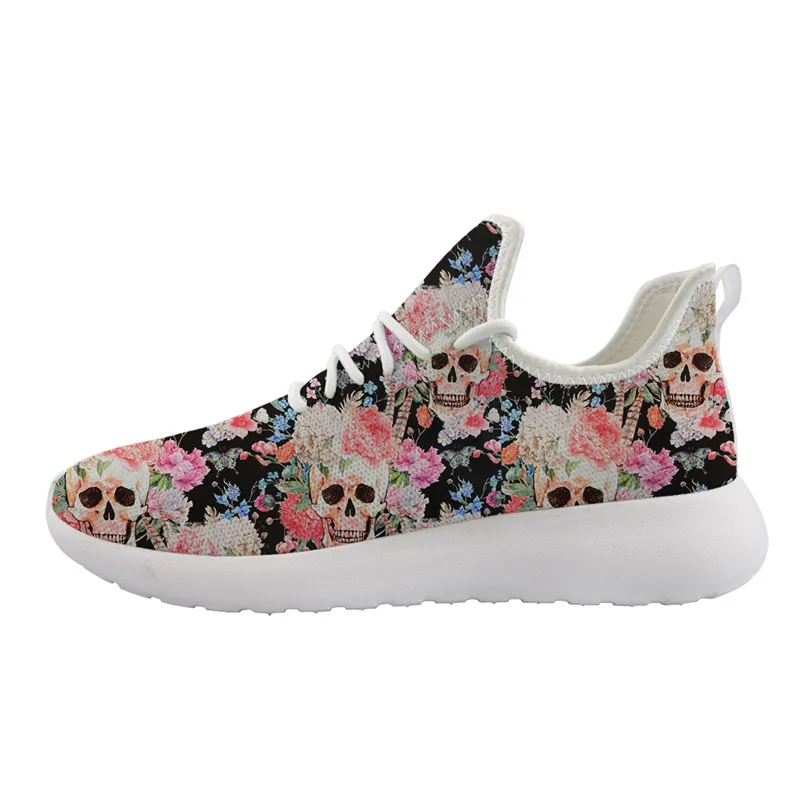 Woman Flats Shoes New Summer Beautiful Skull Floral Pattern Air Mesh Knitting Sneakers Comfortable/Lightweigt Running Shoes Lady