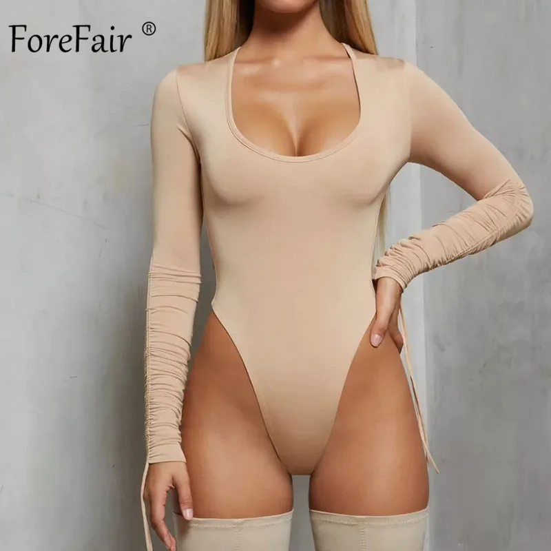 Forefair, сексуальный боди с длинным рукавом, бодикон, белый, черный, хаки, боди, топы с рюшами, низкая шея, завязывается,, осень, зима, боди для женщин