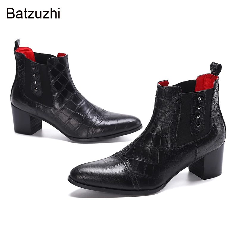 Batzuzhi Italian Type Men's Boots Shoes Pointed Toe Black Ankle Boots Men Slip on 7cm High Heel Business/Party/Wedding Botas!