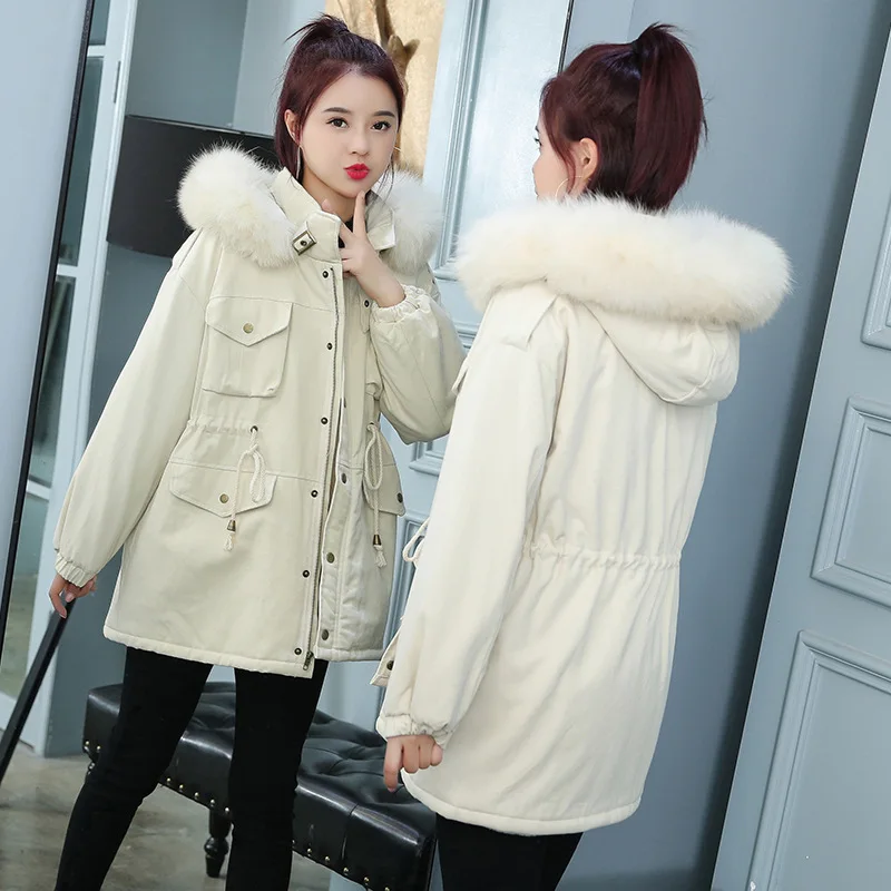 

2019 Winter New Style Large Fur Collar Loose-Fit Mid-length Students Waist Hugging Workwear Cotton Overcoat Women's Fashion