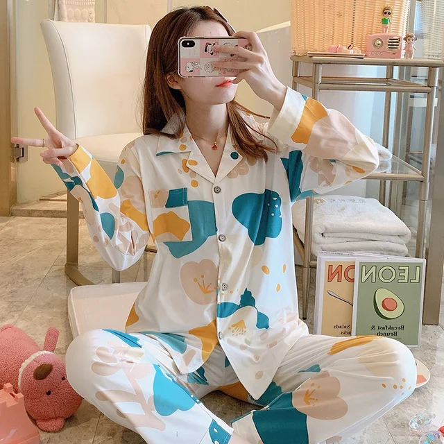 CAIYIER Autumn Winter New Sleepwear Set Women Turn-down Collar Pajamas Cute Cartoon Pattern Button Top+Pants Leisure Home Wear 908-9
