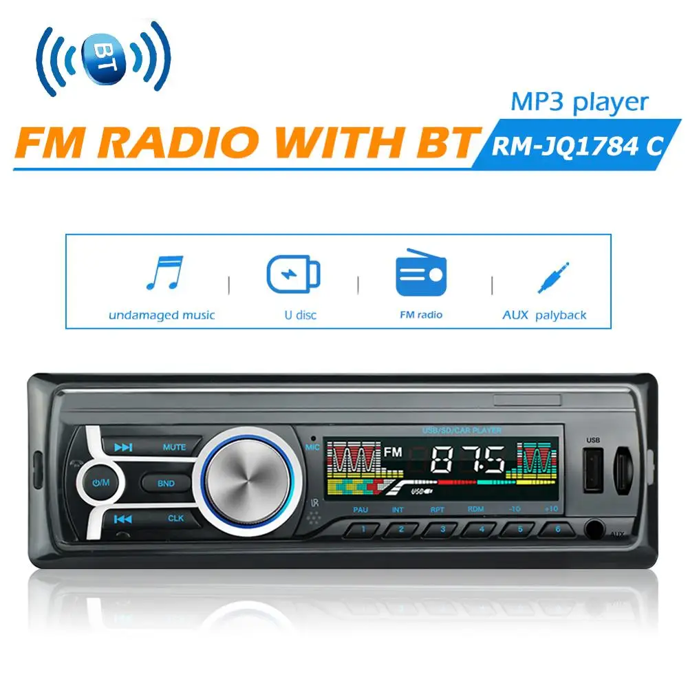 Универсальный 1 Din автомобильный стерео аудио USB FM радио Bluetooth Hands-free В-Dash головное устройство MP3 музыкальный плеер RM-JQ1784C