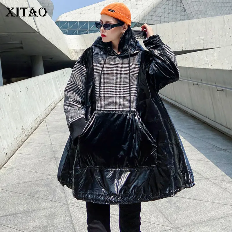 XITAO размера плюс Лоскутная клетчатая Парка женская одежда модная Свободная Повседневная Толстая парка с капюшоном и воротником зимняя Новинка DMY1098