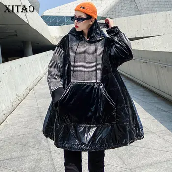 

XITAO Plus Size Patchwork Plaid Parka Women Clothes 2019 Fashion Loose Casual Hooded Collar Thick Parka Coat Winter New DMY1098