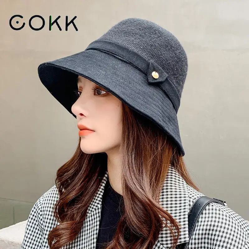 

COKK Bucket Hat Women Winter Autumn Cashmere Knitted Top Ear Protection Fisherman Cap Warm Casual Korean Hat Female Gorro New
