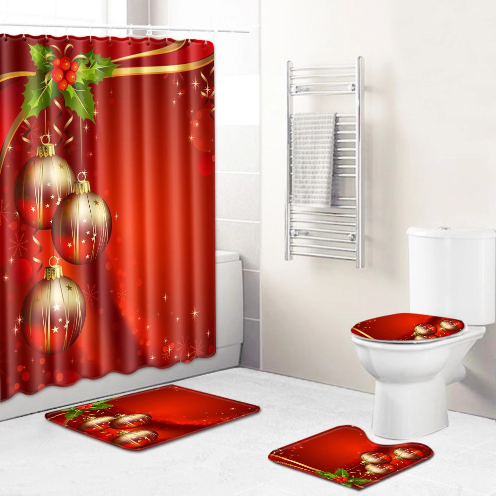 Juego de cortinas de ducha de 4 piezas Navidad festivas + ganchos antideslizantes alfombra de baño 3D alfombra de baño roja la decoración del hogar|Alfombrillas para baño| - AliExpress