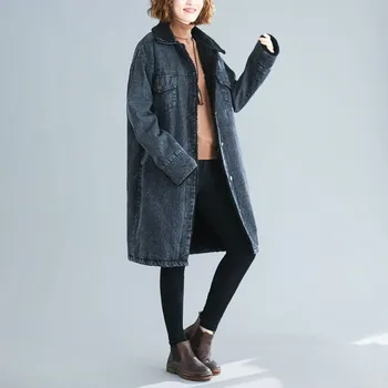 

2020 New Retro Large Size Women's Long Cotton Clothing Women Loose Plus Velvet Warm Denim Jacket Autumn Winter Parka Coats N1090