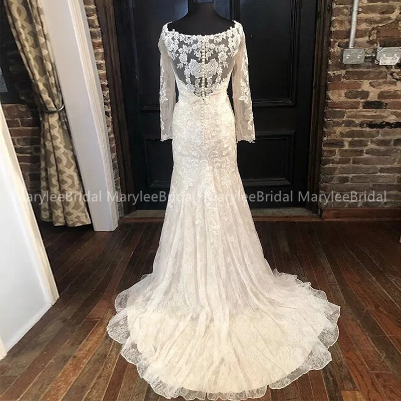 See Through Long Sleeves Wedding Dress Bateau Neck Winter Bridal Gowns Lace robe de mariee Buttons Back Vestido De Novia