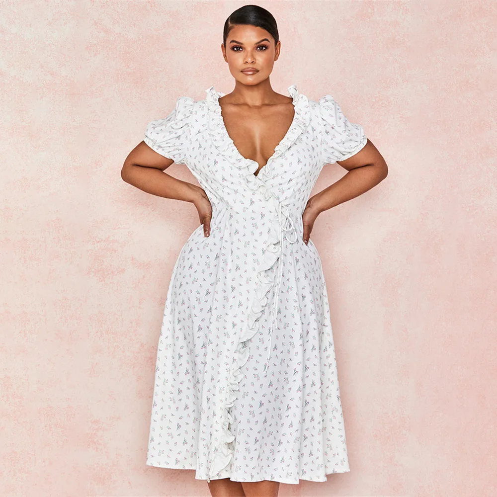 DEAT 2020 Summer New Arrival Streetwear Floral V-neck Short Sleeve Lotus Leaf Lace Irregular Slim Dress Women SE059