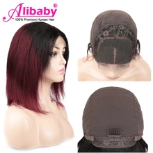 Alibaby индийские волосы 1B/Бургундия Ombre Pixie Cut 1b 99j 4x4 кружевные прямые человеческие волосы парики на шнуровке человеческие волосы парики