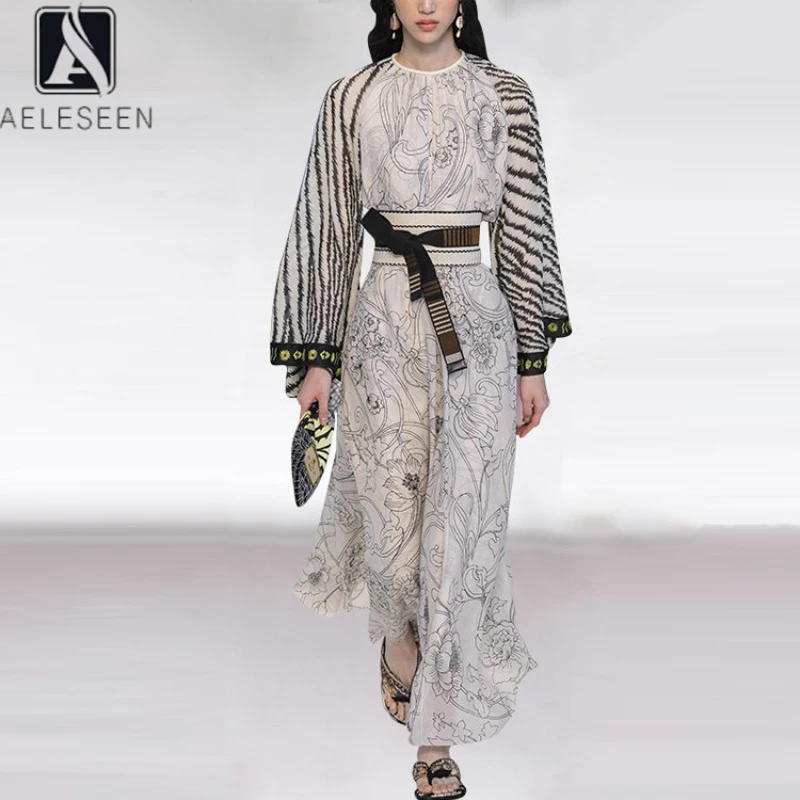 

AELESEEN Runway Fashion Women Dress 2022 High Quality Spring Summer Elegant Dress Flower Print Wiast Elastic Long Party Dress