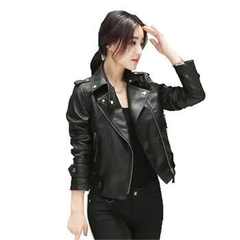 

Women faux leather coat black loose tops PU jacket 2019 autumn winter new korean lapel fashion slim short paragraph jacket LR539