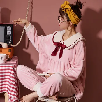 

Pajamas Woman Fashion Style Casual Style Warm Winter Long Sleeve Long Pants Sleepwear Coral Fleece Navy Collar Woman Clothes