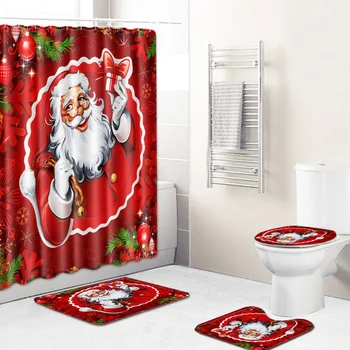 

Christmas Shower Curtain Mat Combination Four-Piece Set Bathroom Toilet Carpet Shower Room Mat Mat Cross-Border Hair