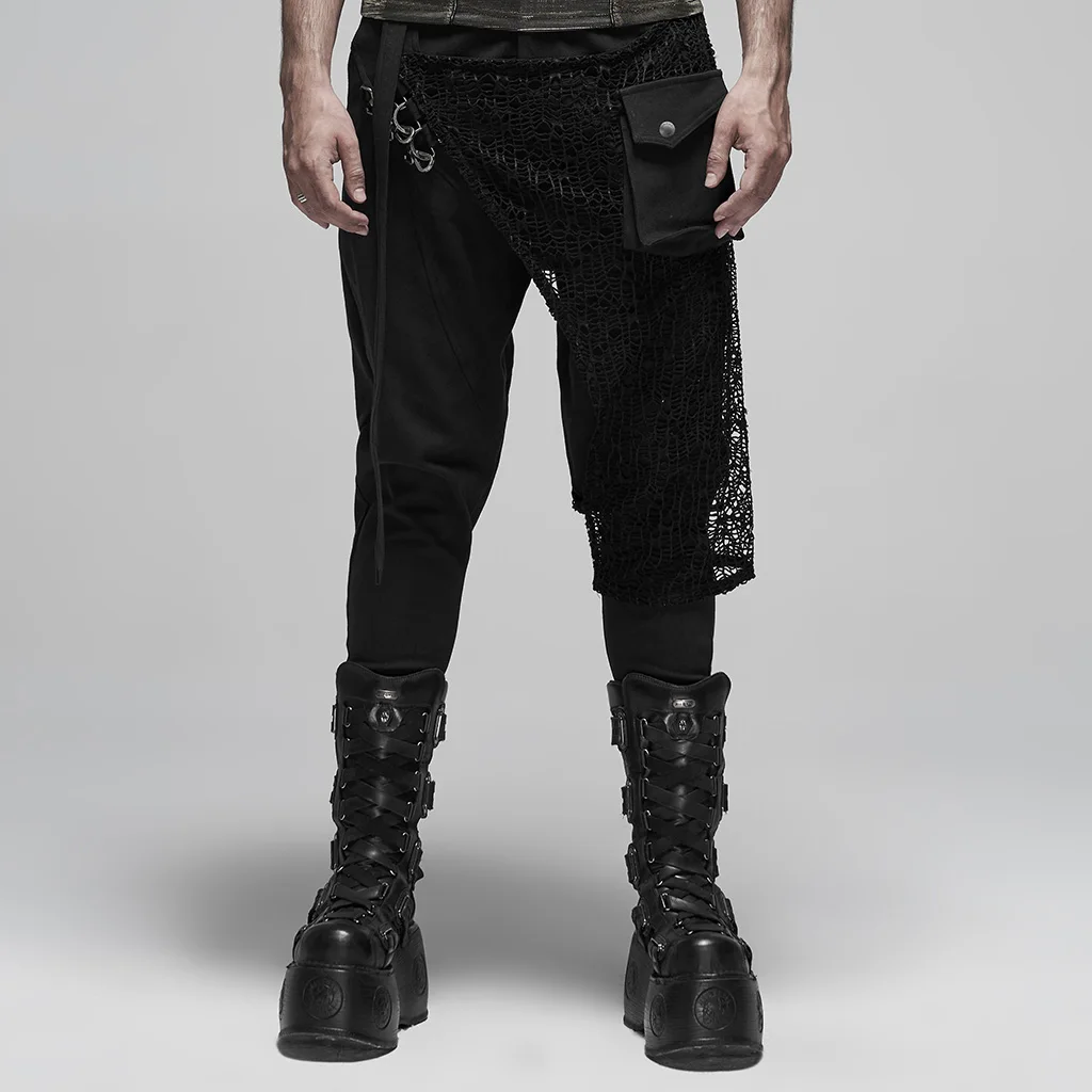

PUNK RAVE Men Black Punk Metal Button Net Cloth Fabric Medium Pants Twill Woven Mesh Fabric Stage Performance Casua Fit Trousers
