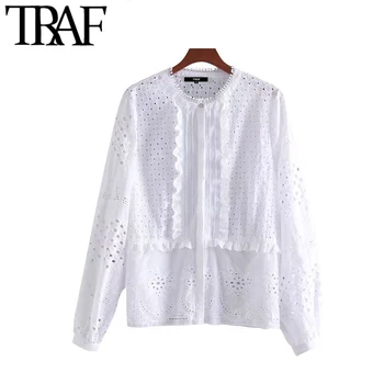 

TRAF Women Fashion Hollow Out Embroidery Ruffled Blouses Vintage O Neck Long Sleeve Female Shirts Blusas Chic Tops