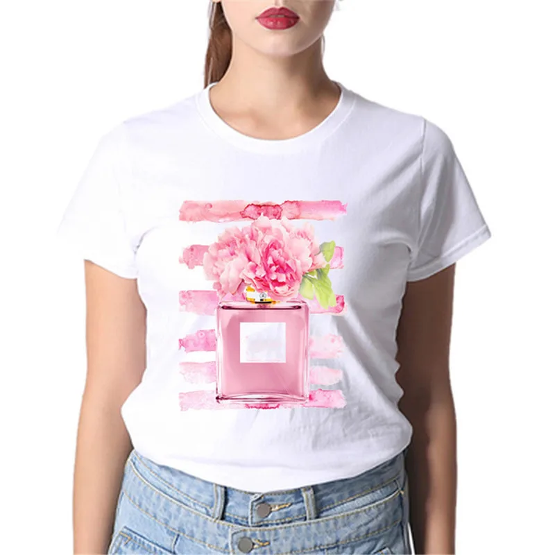 

Luslos Vogue Style Women White T-shirt Harajuku Short Sleeve Round Neck Top Tees Girlfriend Gift Perfume Series Female shirts