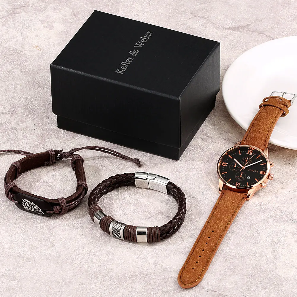 Practical Birthday Gifts for Boys Men's Leather Quartz Watch Roman Numeral Dial with Calendar Man Brown Wolf Head Bracelets Set