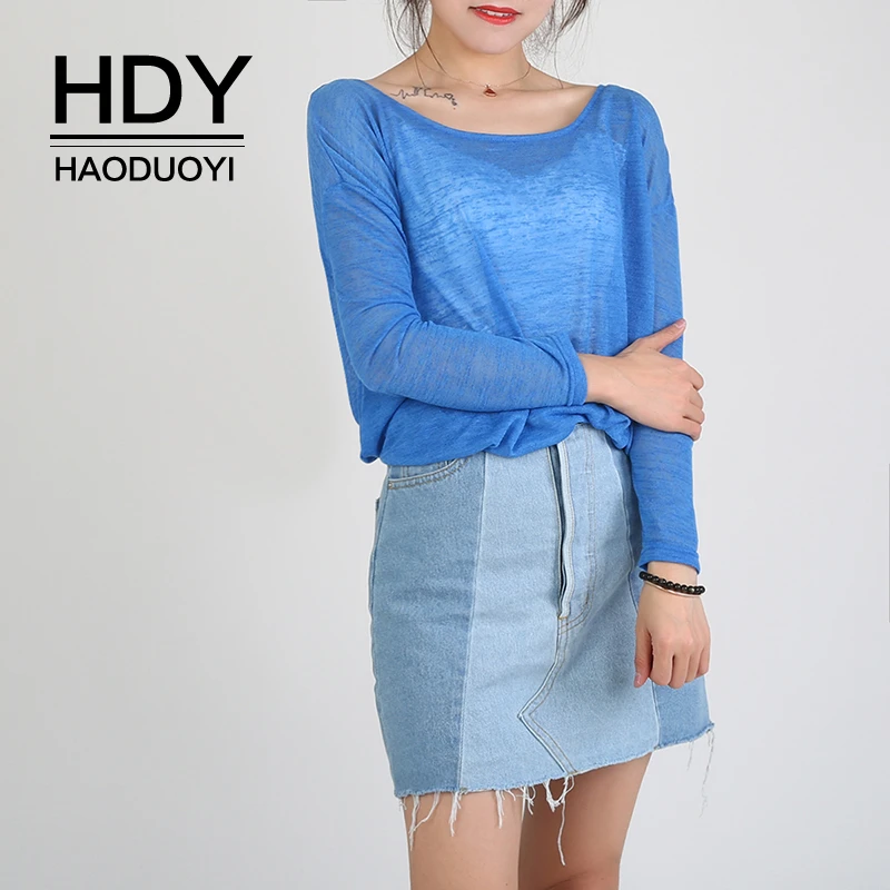 

HDY Haoduoyi Sexy Back Deep V Cross Open Back Long Sleeve Shirt Fashion Hem Pleated Loose Summer Simple Solid Color Pullover