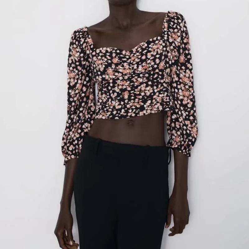 

CS951 European Design Slash Neck Front Pleated Long Sleeve Blouse Women's Retro Tiny Floral Print Shirts Tops