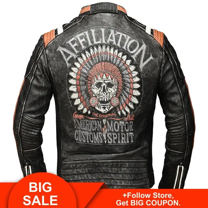 

2020 Vintage Black Men American Motorcycle Leather Jacket Large Size 5XL Genuine Thick Cowhide Slim Fit Biker's Leather Coat