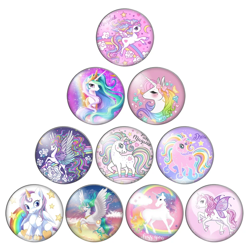 Foto redonda de unicornio mágico de dibujos animados, 8mm/10mm/12mm/18mm/20mm/25mm, cabujones de cristal de demostración, reverso plano, accesorios de fabricación, ZB0543