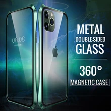 Двухсторонняя, для стекла чехол на магните для Apple iPhone 11 Pro Max Магнит Чехол класса люкс Алюминий металлический бампер 360 Защитный чехол с петлей