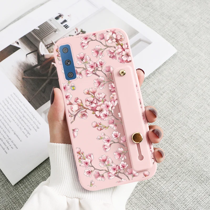 silicone cover with s pen For Samsung Galaxy A7 2018 A750 Cover Flowers Case For Samsung Galaxy A 7 750 GalaxyA7 2018 Wrist Strap Holder Protective Fundas silicone case samsung