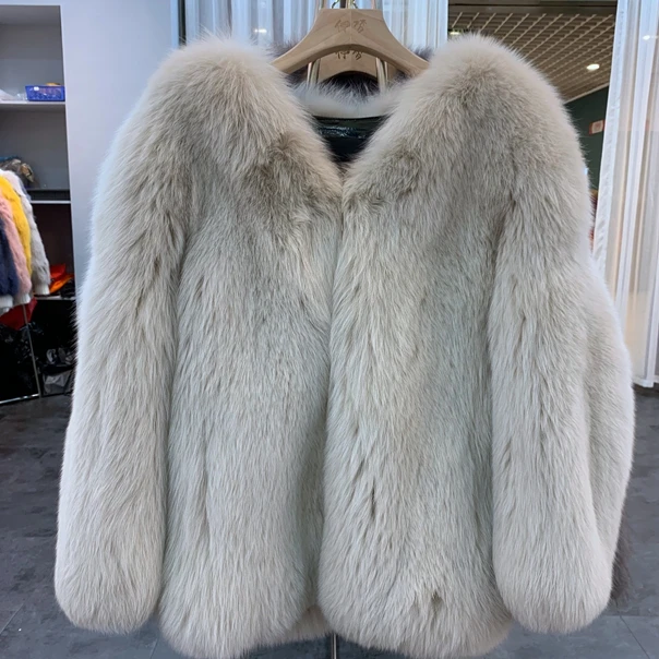 SQXR меховая женская шуба из натурального меха, Толстая теплая женская меховая куртка из натурального Лисьего меха, верхняя одежда, пальто - Цвет: Бежевый