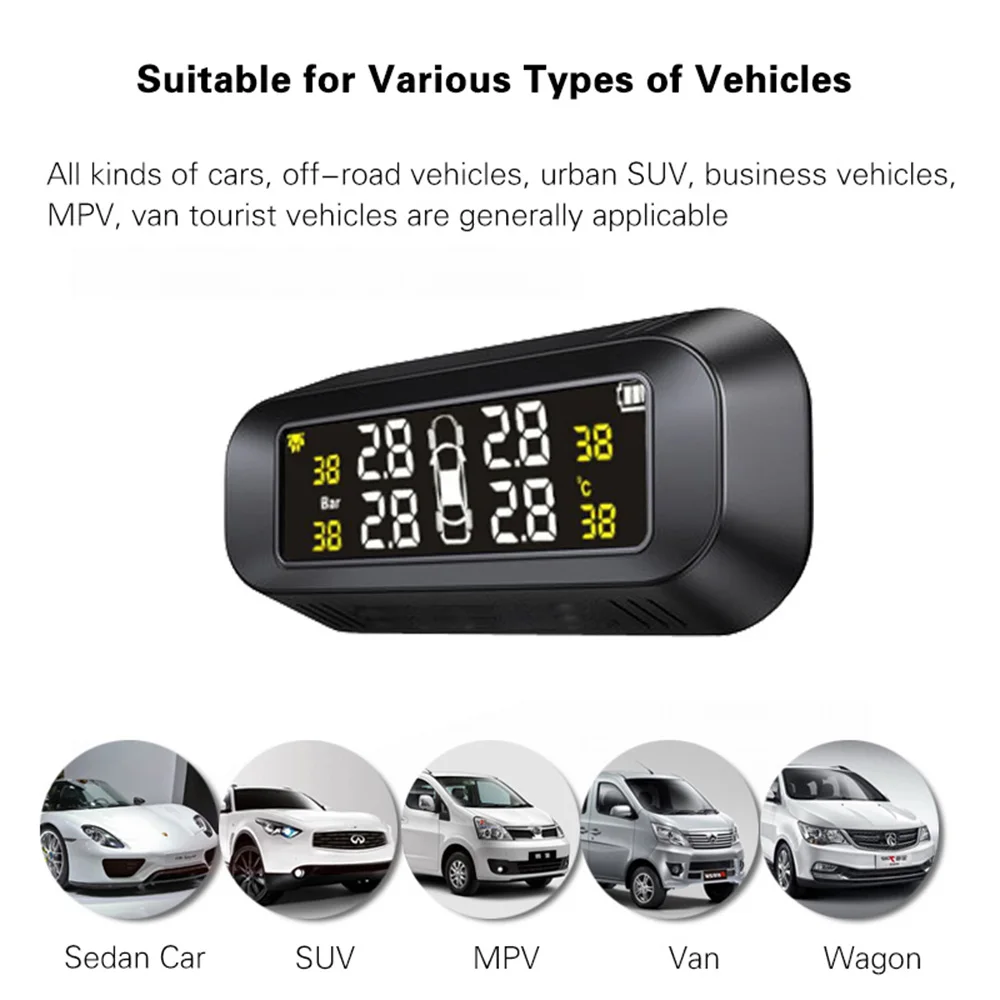 

Car Intelligent Solar TPMS Tire Pressure Alarm Monitor System Solar Charger Display Attached Temperature Warning With 4 Sensors
