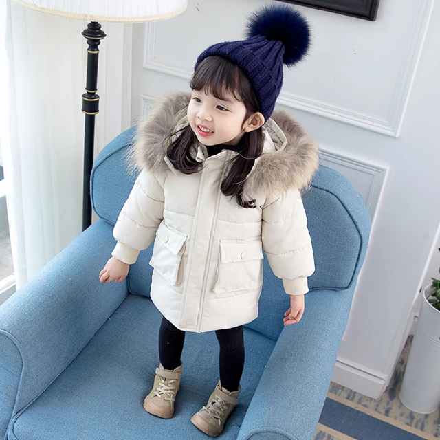 Теплое пуховое пальто с большим мехом для новорожденных девочек зимняя куртка для маленьких девочек модная плотная верхняя одежда высокого качества для девочек от 1 до 3 лет Одежда для маленьких девочек - Цвет: Beige