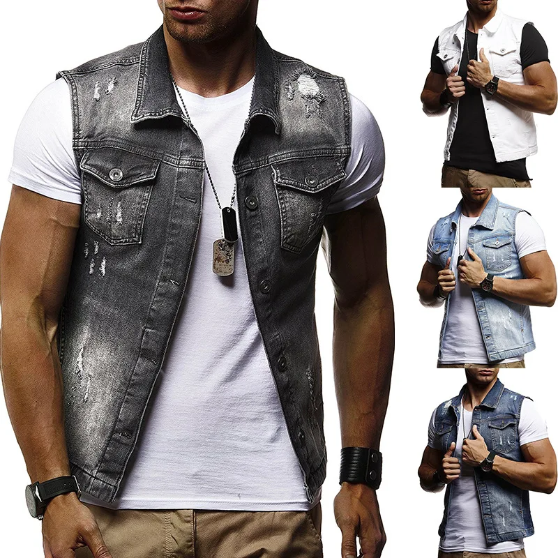 

2019 New Style Cowboy Waistcoat Europe And America Large Size Washing with Holes Denim Waistcoat