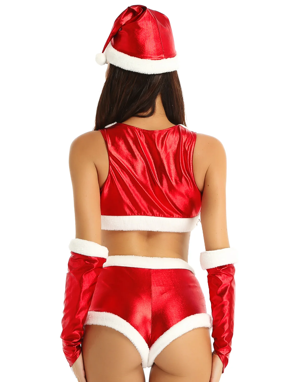 Женский Рождественский сексуальный наряд для взрослых, костюм Mrs Santa, эротический костюм Сисси, костюм для косплея, сексуальная нарядная форма, Блестящий металлический укороченный топ, шорты