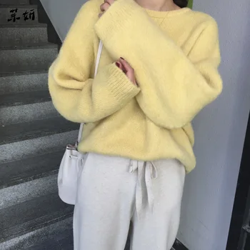 

Designer Korean Runway Yellow Knitted Pullovers Chic Autumn Winter Long Sleeve Thick Warm Sweater Soft Women Loose Tops