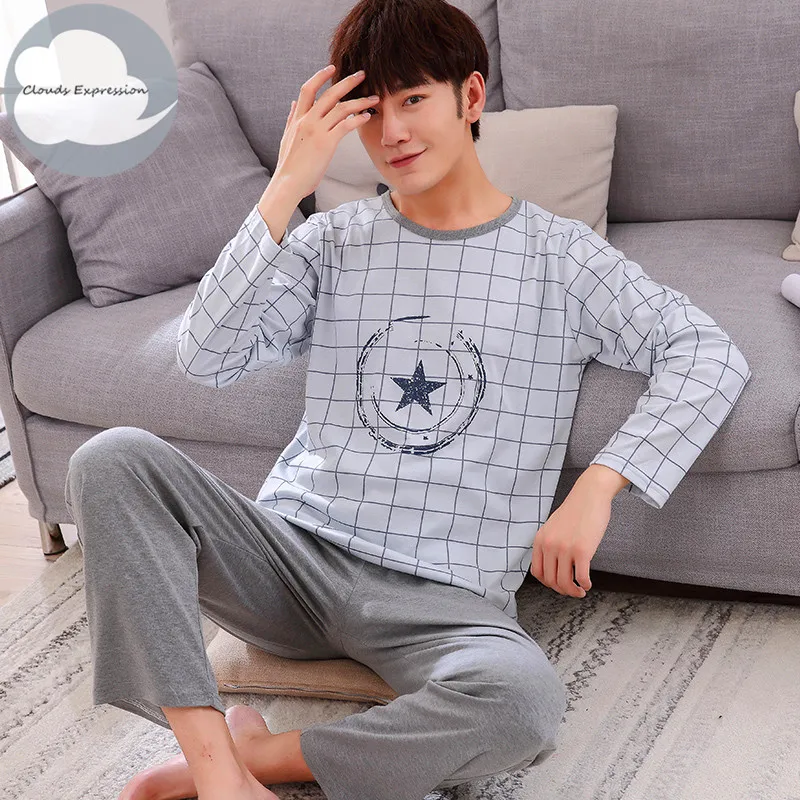 pyjama homme Autumn Winter Long Men's Cotton Pajamas Letter Striped Sleepwear Cartoon Pajama Sets Casual Men Pyjamas Plus Size 4XL Pijama mens silk pajamas Pajama Sets