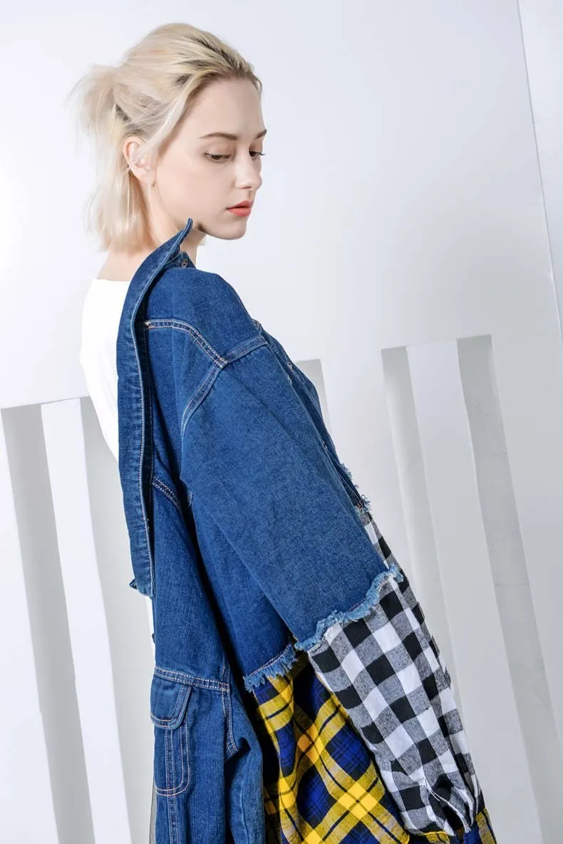 Max LuLu Осень Корейская мода уличная женская одежда женские Лоскутные повседневные джинсовые куртки винтажное клетчатое пальто плюс размер