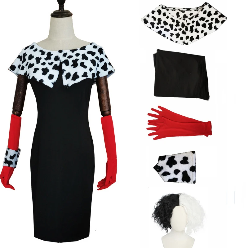 Movie Cruella Costumi Cosplay Abiti 101 Dalmata Cruella De Vil Parrucca Anime Abbigliamento Uniforme Costume Di Halloween Per Le Donne