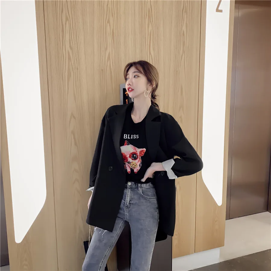

2019 Spring New Style Retro British Style One-Button Black And White with Pattern Online Celebrity Small Suit Women's CHIC Casua