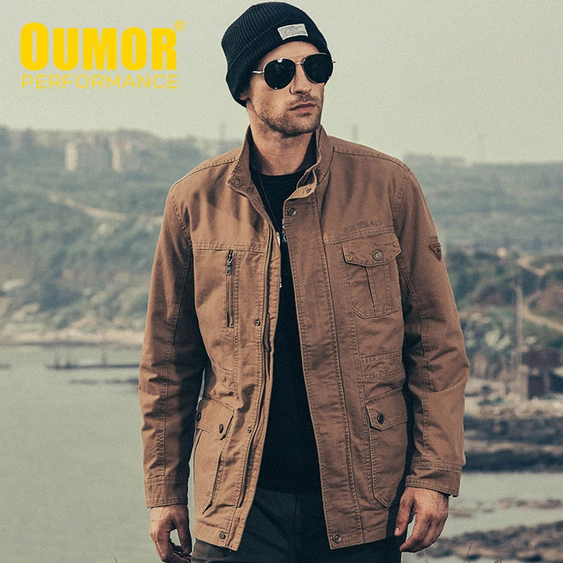 Мужская Осенняя длинная Повседневная армейская куртка Oumor из 100% хлопка пальто
