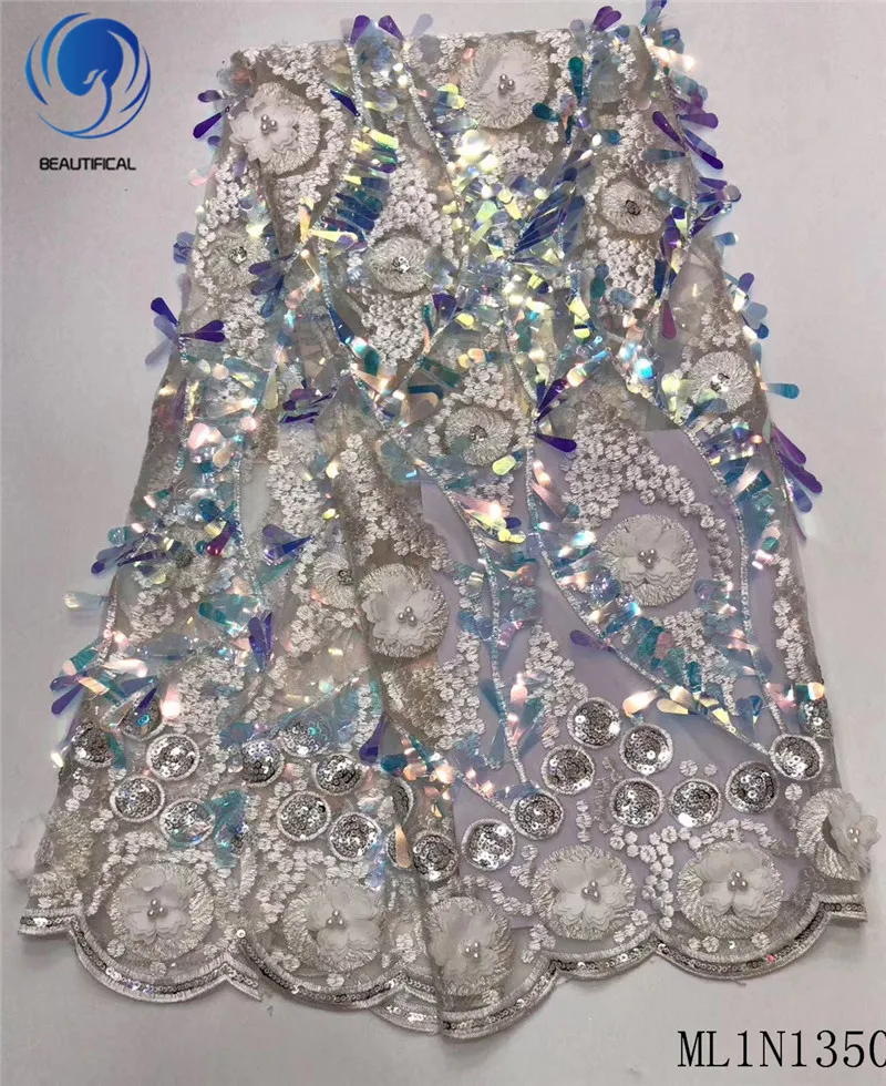 

Beautifical 3d flwoers lace fabrics New arrival nigerian net lace with beads for dress 3d sequins lace fabric 5yards ML1N1350
