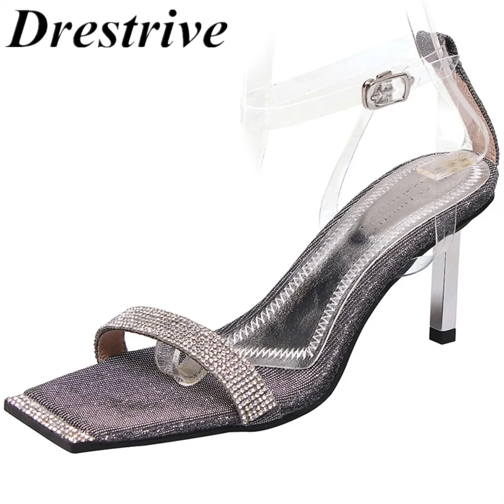Drestrive Customized Women Sandals Steel Heels Hot Drilling Buckle PVC Thin 7 cm Silver Square Toe Female Summer Shoes | Обувь