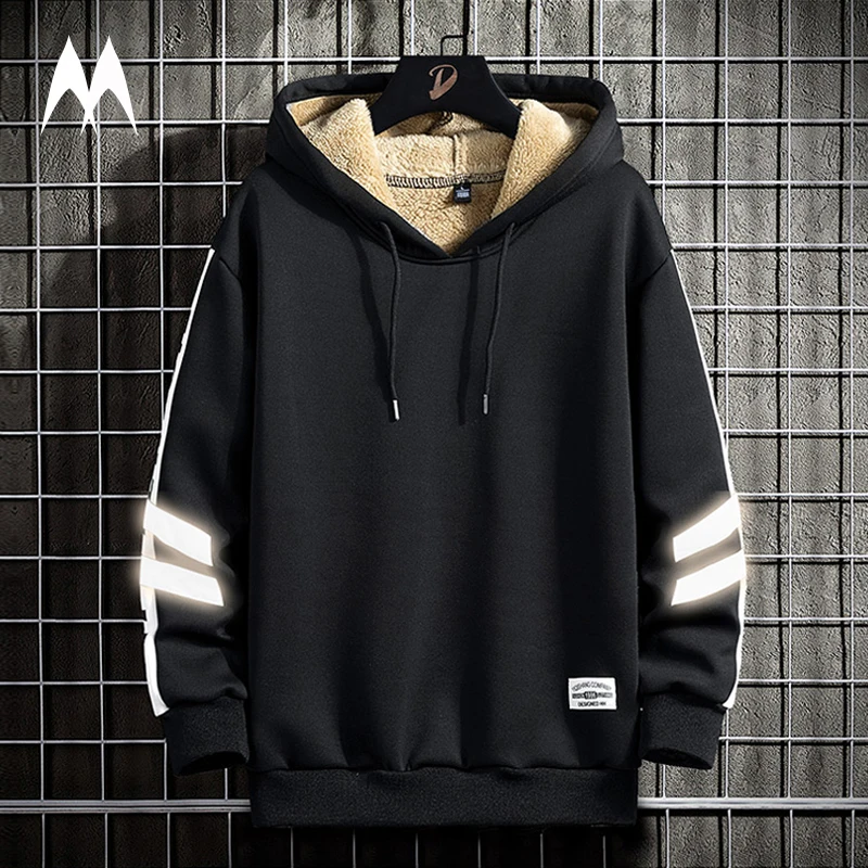 Hooded Sweatshirt Men Streetwear Fashion Tops Wool-Liner Warm Thick Brand-New