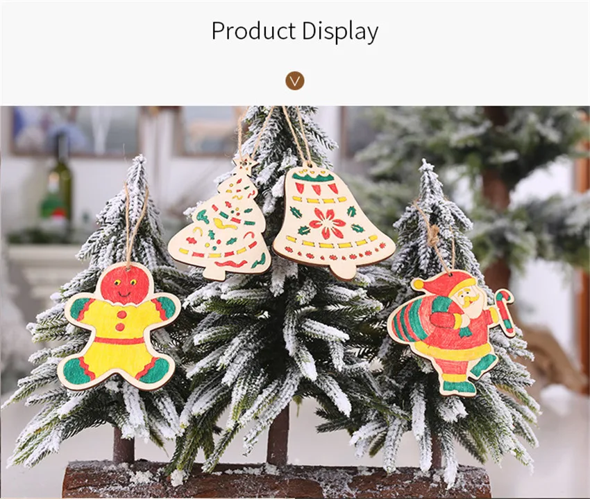 5pcs Wooden Kids DIY Color Painting Christmas Ornaments Cute Santa Claus Graffiti Art Crafts Toys Pendants Xmas Tree Decoration