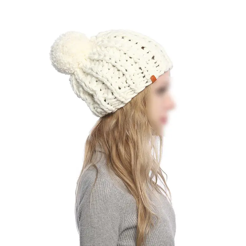 Women Autumn Winter Cap Stuffed Knit Thick Folds Warm Outdoor Earmuffs Cute Hair Ball Hat