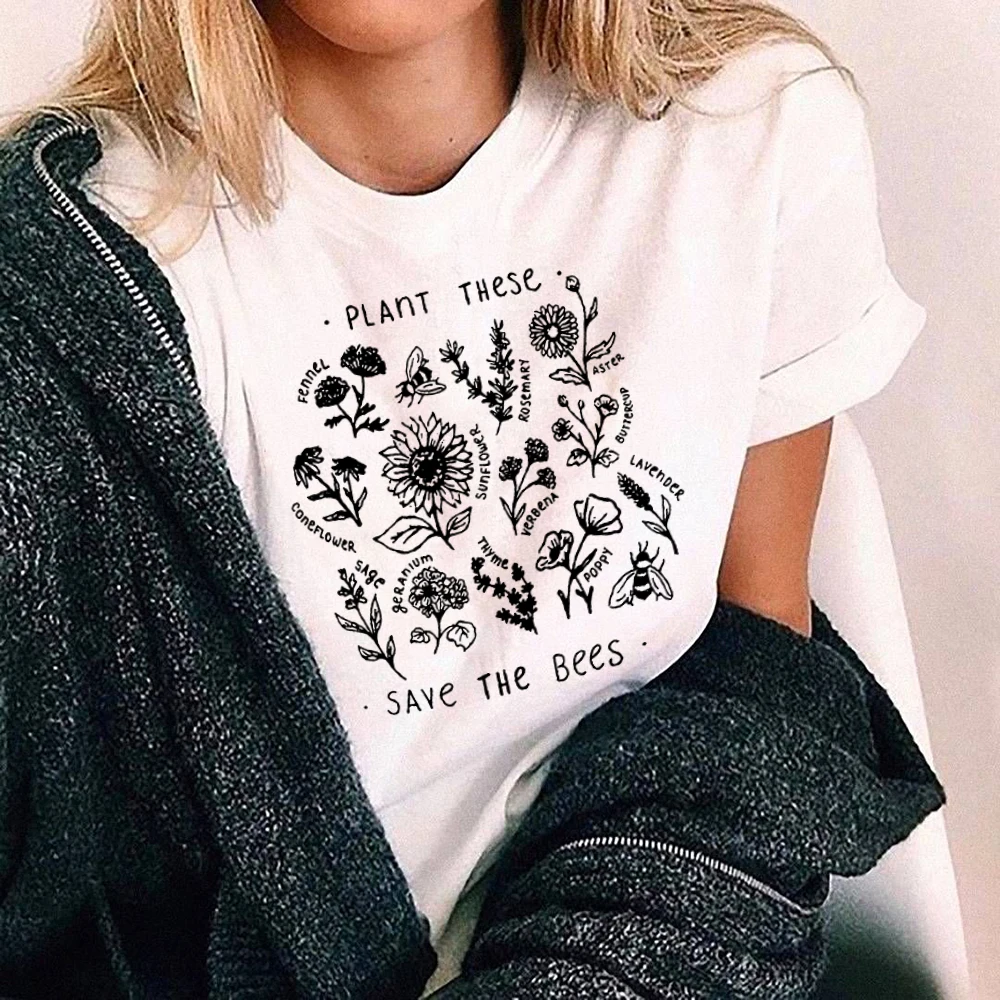 

Plant These T Shirt Women Floral Print Tee Save The Bees Yellow Cotton Plus Size Tops Plant More Trees Tumblr Tops Drop Shipping