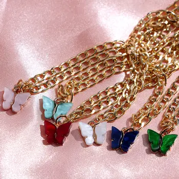 

Flatfoosie 2Pcs/Sets Korea Resin Chain Necklace Girls Butterfly Acrylic Gold Silver Color Necklace Sets Wedding Party Jewelry